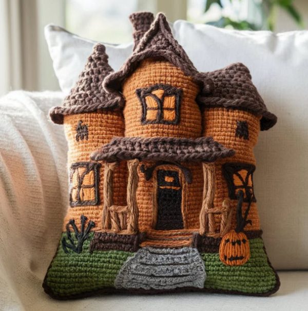 Crochet Haunted House Plush Shaped Pillow For Indoor Decorations