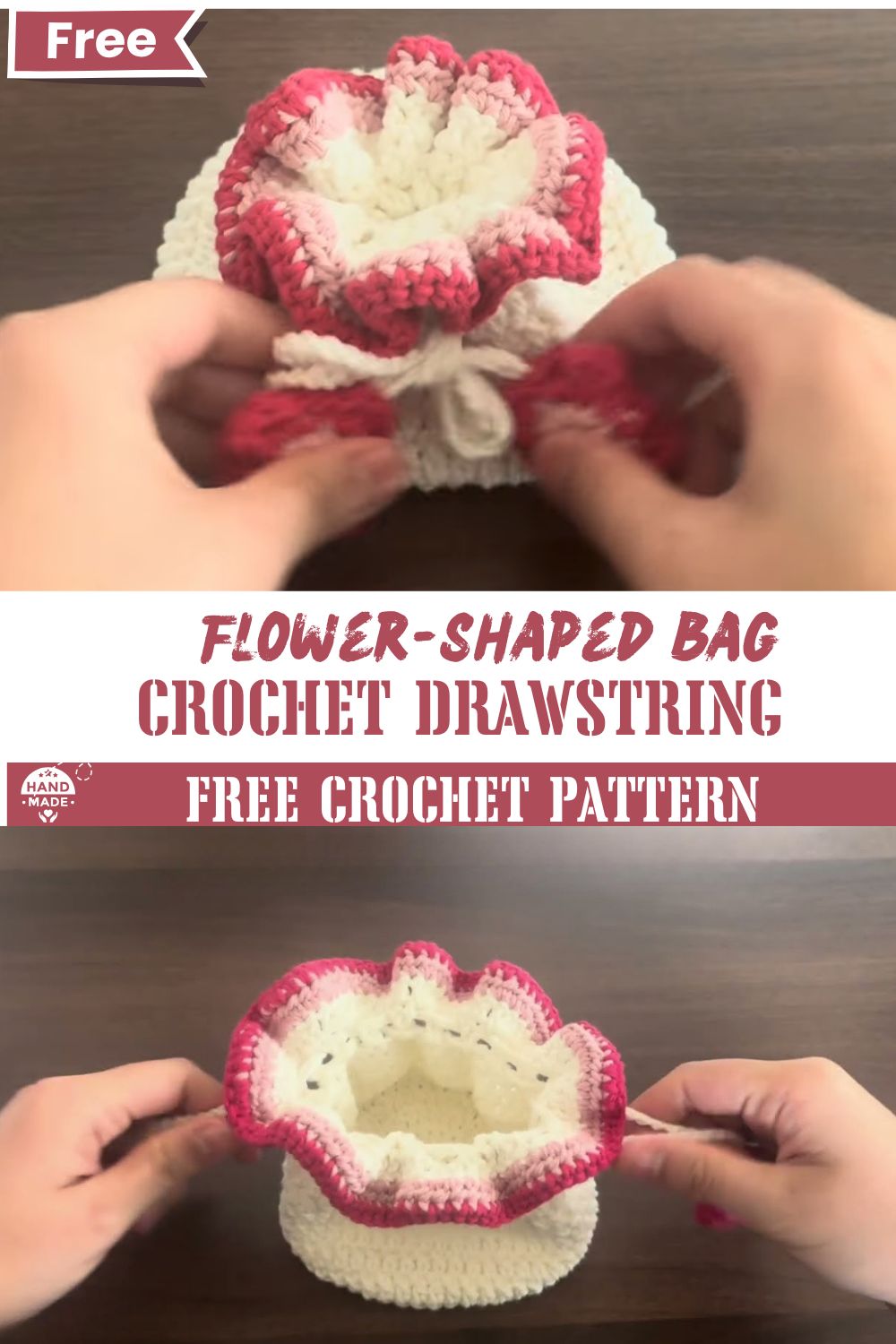 Crochet Project Flower-Shaped Drawstring Bag with Yarn