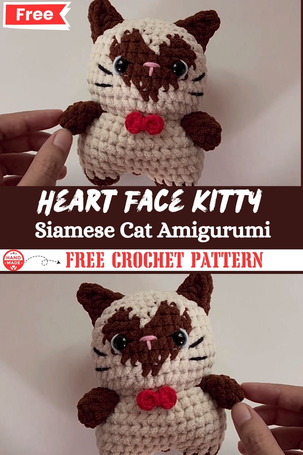 Crochet Heart Face Kitty Plush Siamese Cat Amigurumi Pattern