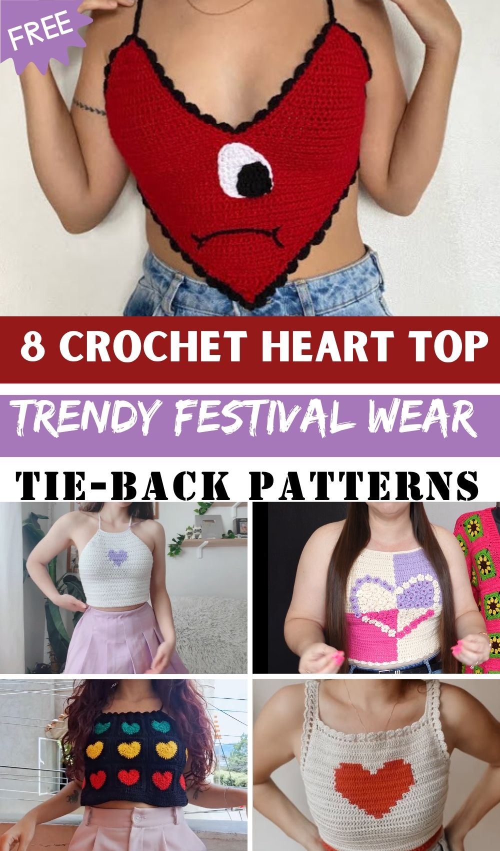 Crochet Heart Top Trendy Festival Wear with Adjustable Tie-Back Patterns