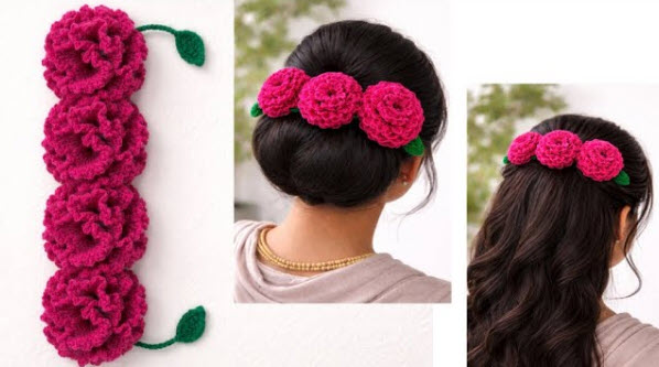 Crochet Flower Bun Band Floral Hair Strip Beginner