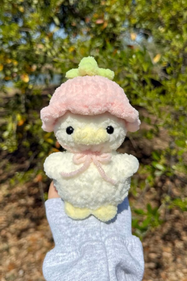 Crochet Duckling Plush with Strawberry Hat — Free Amigurumi Pattern