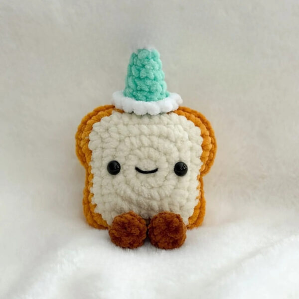 Cute Crochet Toast Plushie with Party Hat Amigurumi Bread Stuffed Toy