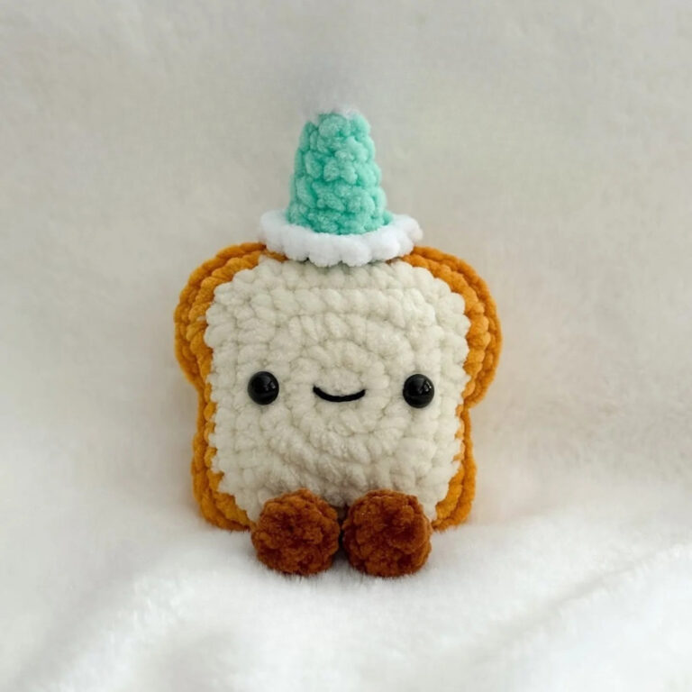 Cute Crochet Toast Plushie with Party Hat Amigurumi Bread Stuffed Toy