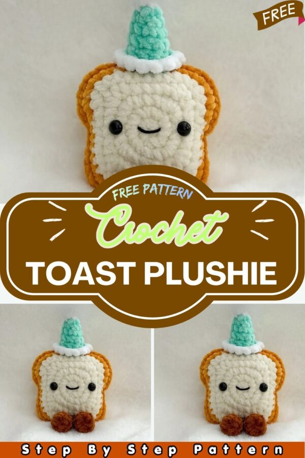 Cute Crochet Toast Plushie with Party Hat Amigurumi Bread Stuffed Toy