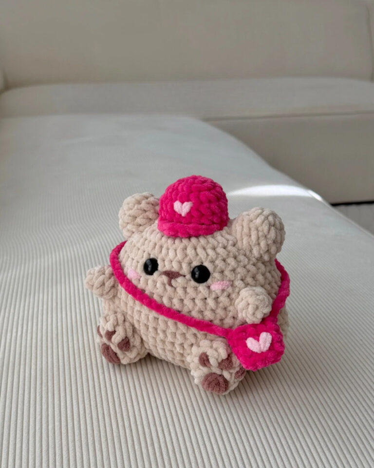 Handmade Crochet Teddy Bear Pink Hat & Heart Bag Gift