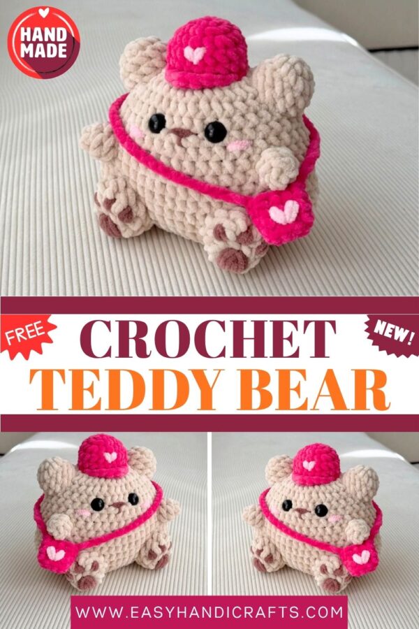 Handmade Crochet Teddy Bear Pink Hat & Heart Bag Gift