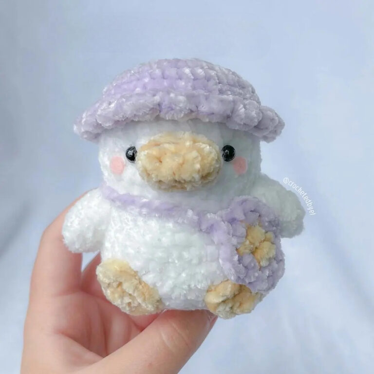 Soft Crochet Duck Toy Purple Hat & Bow Amigurumi Handmade Plush
