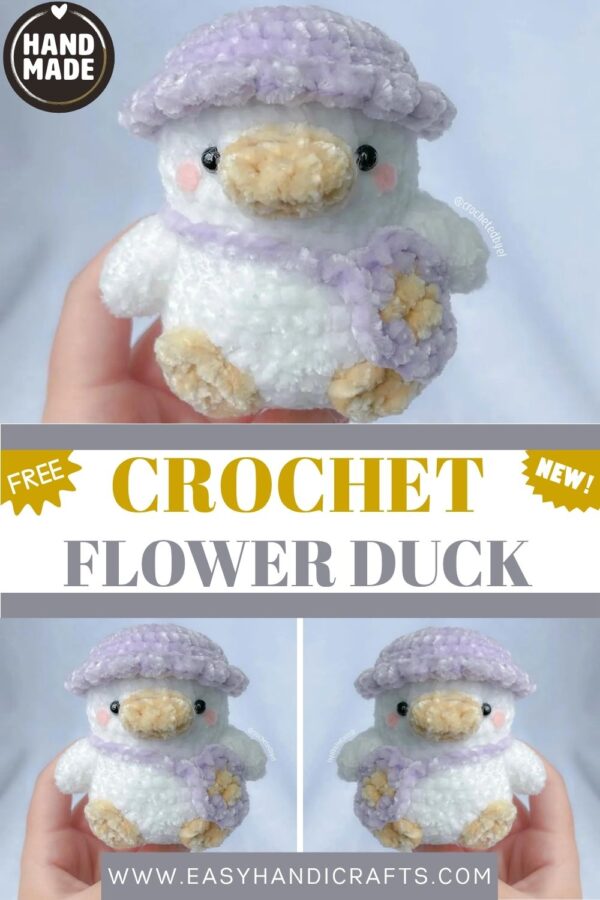 Soft Crochet Duck Toy Purple Hat & Bow Amigurumi Handmade Plush