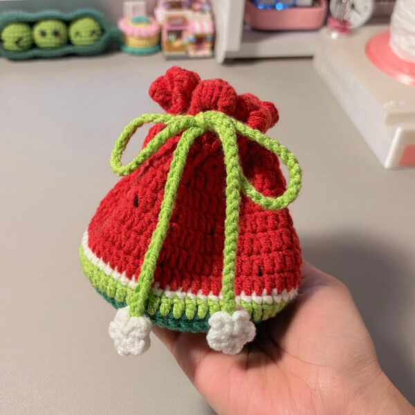 Crochet Watermelon Drawstring Pouch Cute Kawaii Fruit Pouch Handmade Gift