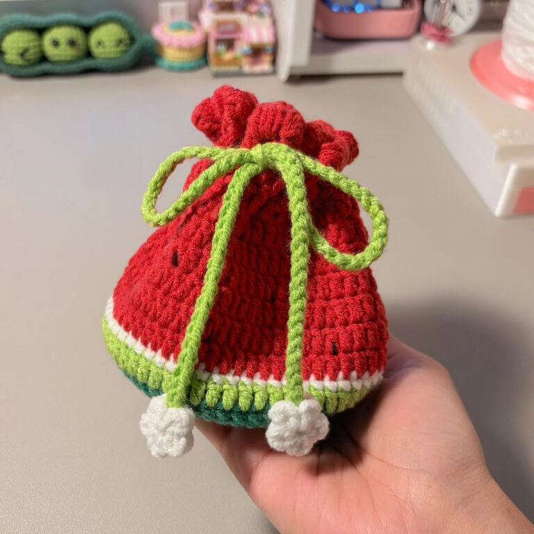 Crochet Watermelon Drawstring Pouch Cute Kawaii Fruit Pouch Handmade Gift