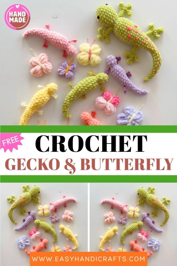 Handmade Pastel Gecko & Butterfly Crochet Set Rainbow Kawaii Plush