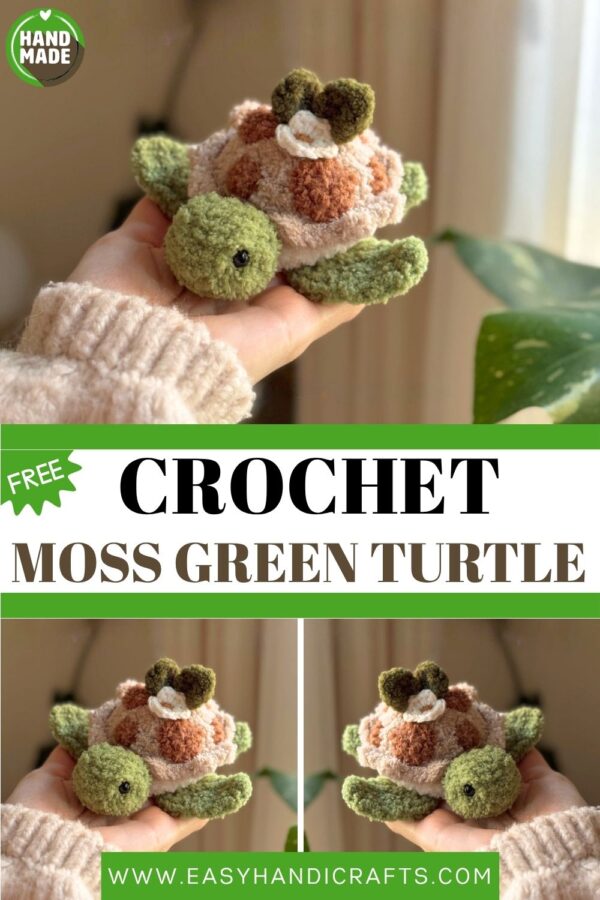 Moss Green Crochet Turtle Flower on Shell Handmade Cottagecore Plush