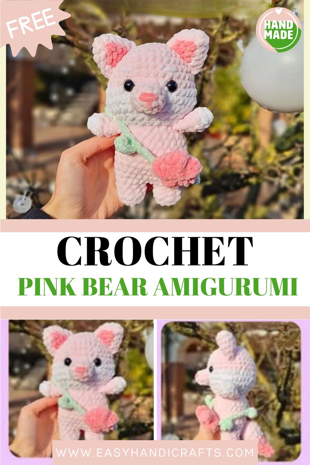 Cute Crochet Pink Bear Amigurumi | Free Pattern | Soft Plush Toy for Beginners