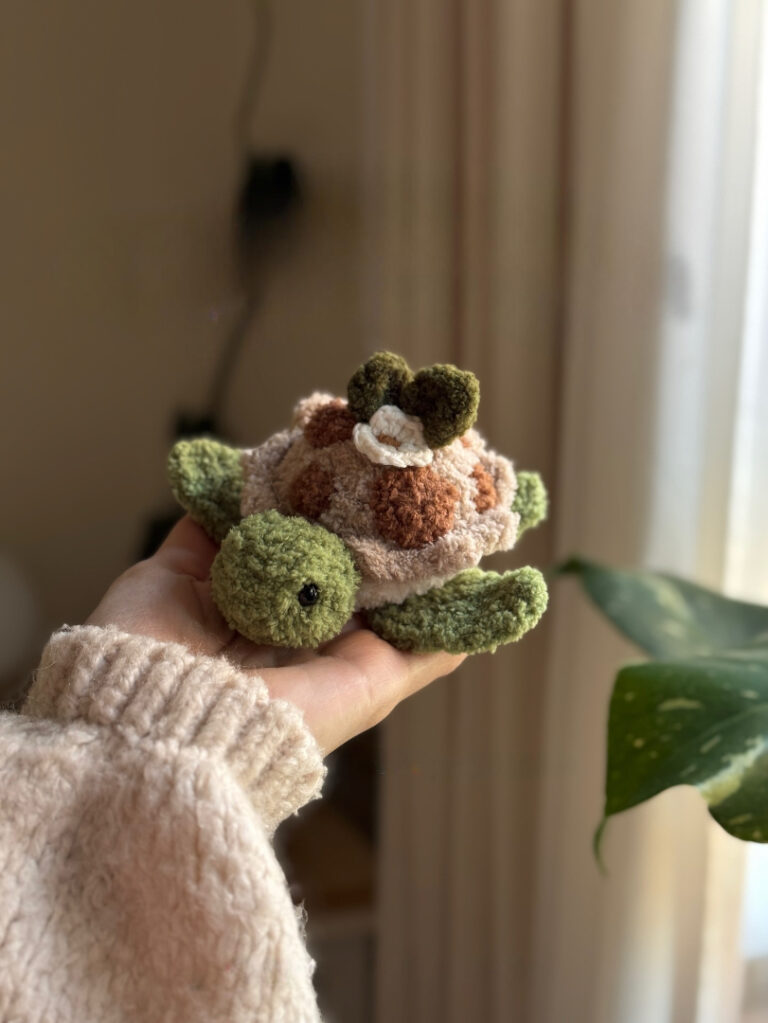 Moss Green Crochet Turtle | Flower on Shell | Handmade Cottagecore Plush
