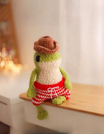 Crochet Cowboy Frog Amigurumi Pattern with Red Shorts