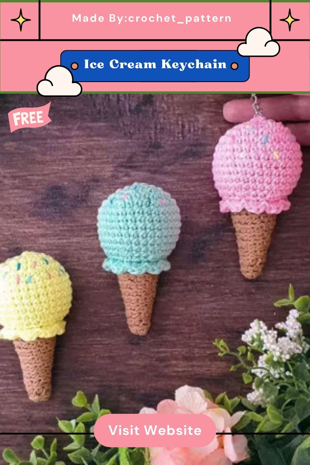 Crochet Ice Cream Cone Keychain Amigurumi Pattern for Everyday Carry