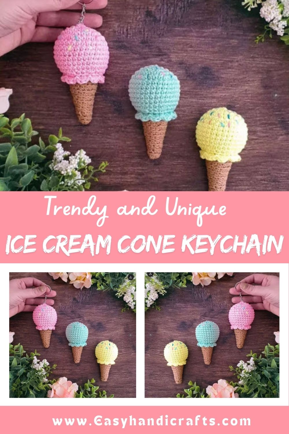 Crochet Ice Cream Cone Keychain Amigurumi Pattern for Everyday Carry
