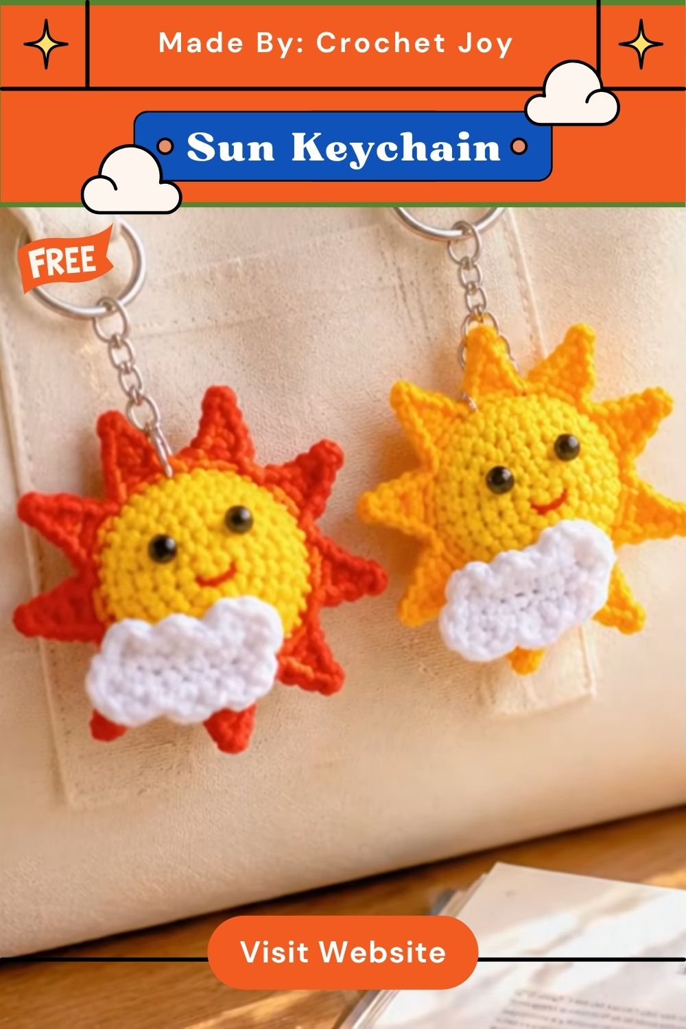 Crochet Sun Pendant Keychain Amigurumi Pattern with Smiling Face
