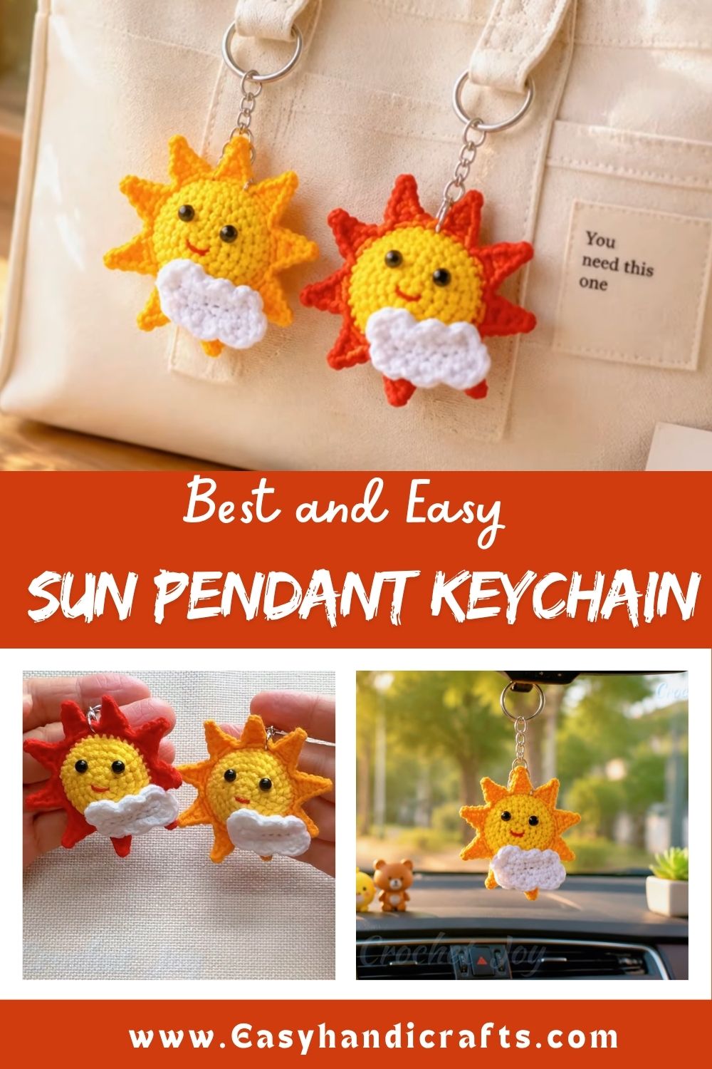 Crochet Sun Pendant Keychain Amigurumi Pattern with Smiling Face