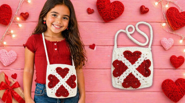 crochet heart bag on wooden table