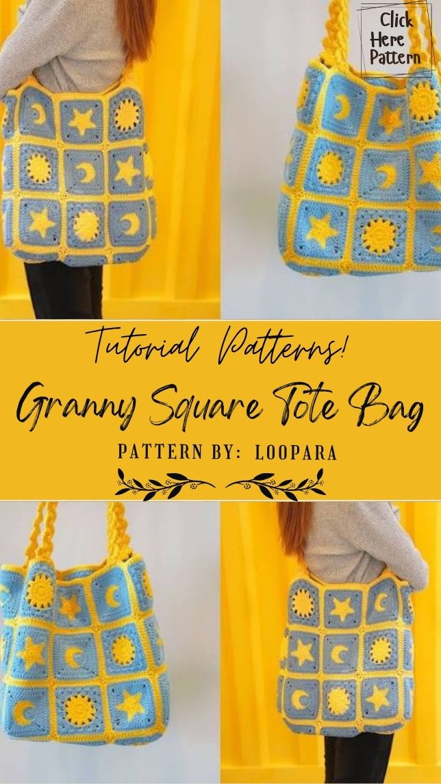 Crochet Star Sun Moon Granny Square Tote Bag Pattern