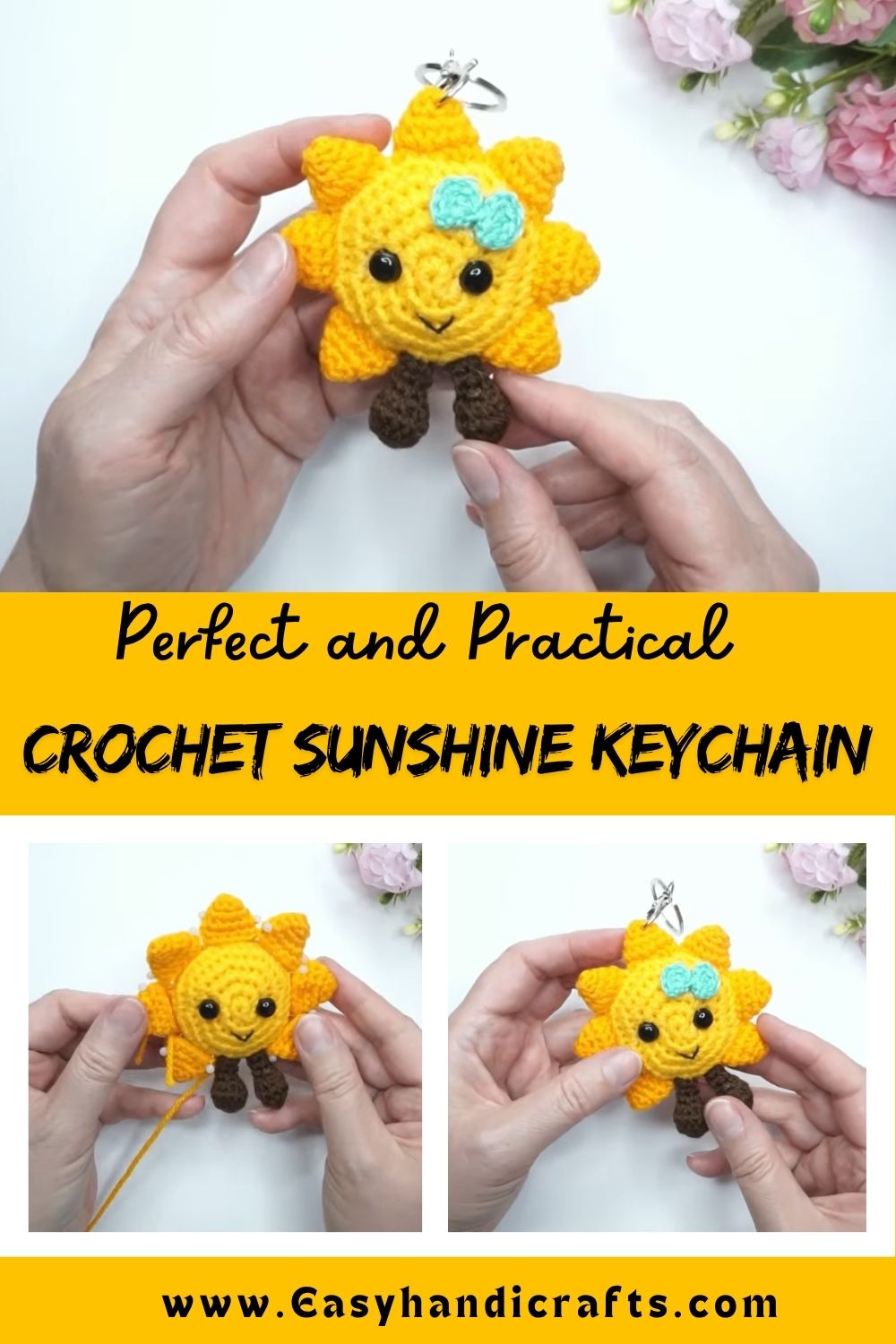 Crochet Sunshine Keychain Amigurumi Pattern with Smiling Face