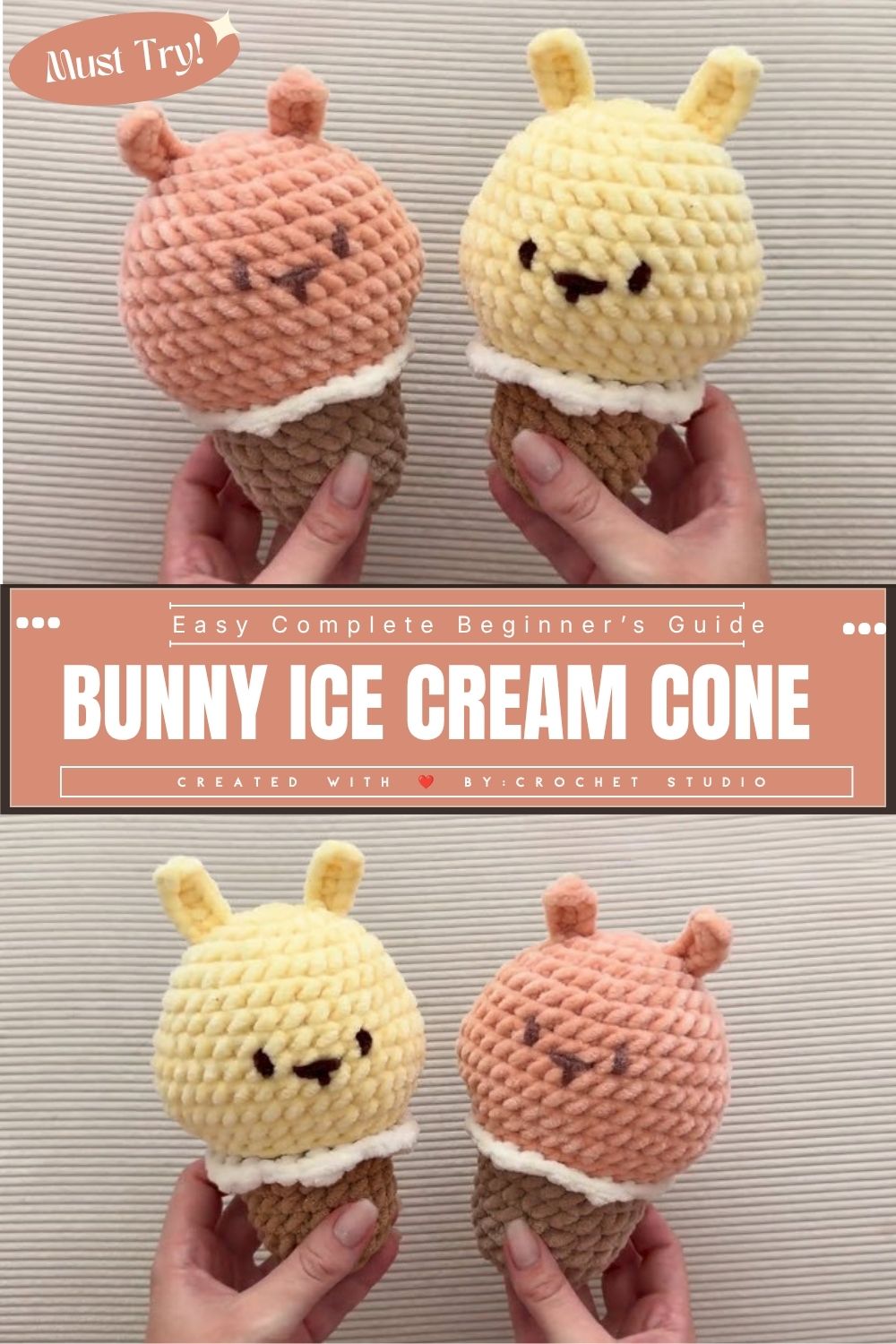 Crochet Bunny ice cream cone Amigurumi Pattern for Newcomers