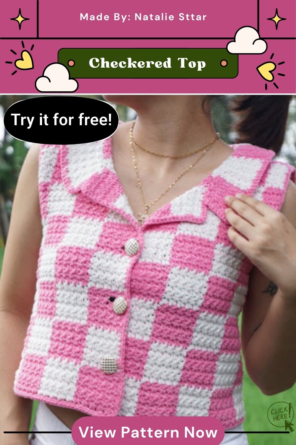 Crochet Checkered Top Pattern Wide Collar Design
