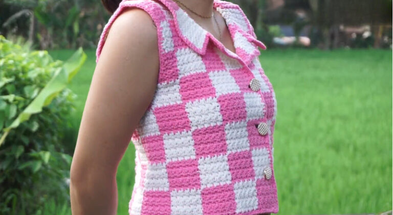 Crochet Checkered Top Pattern Wide Collar Design