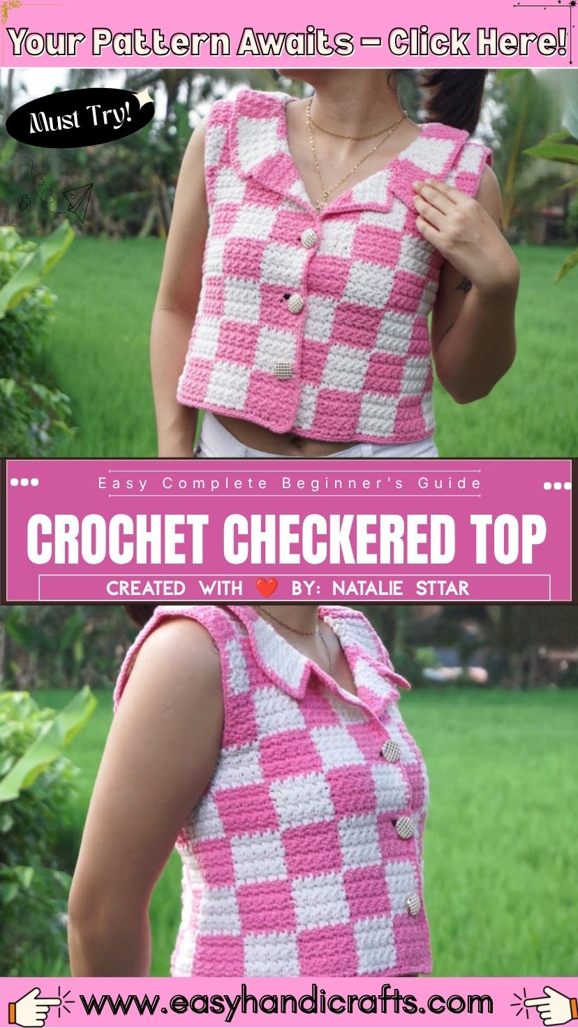 Crochet Checkered Top Pattern Wide Collar Design