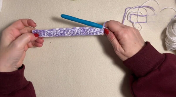 Crocheted strip in variegated purple yarn for roll cover