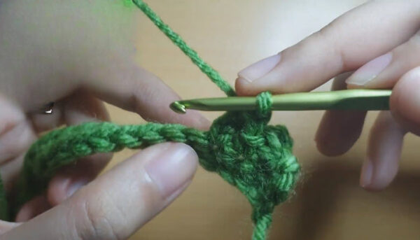 Gold hook pulling a raised bobble stitch through green yarn.