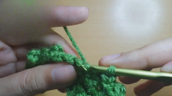Green swatch alternating flat and bumpy stitches in a row.