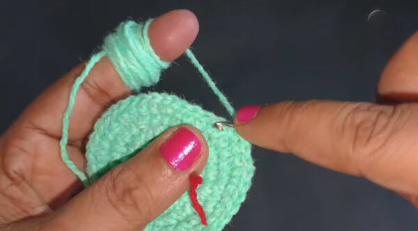 Hook se mint green piece mein yarn pull, red marker thread.