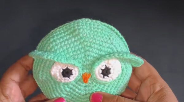 Mint green crochet owl face, black-white eyes, orange beak.