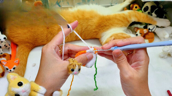 Round 12 stitches on the orange-white fox piece.