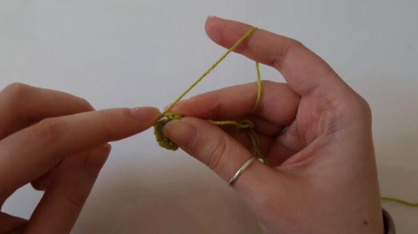 Small green crochet ball with hook resting in the ring.