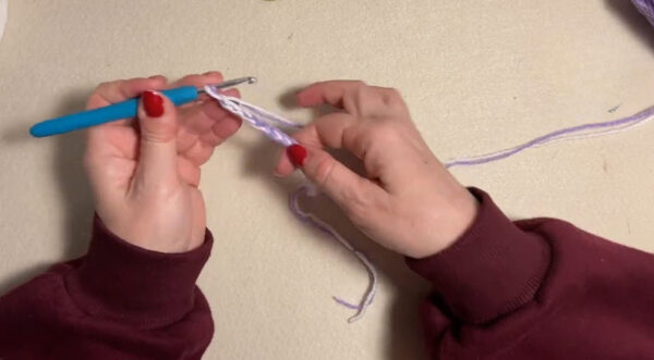 Working single crochet stitches in purple and white yarn