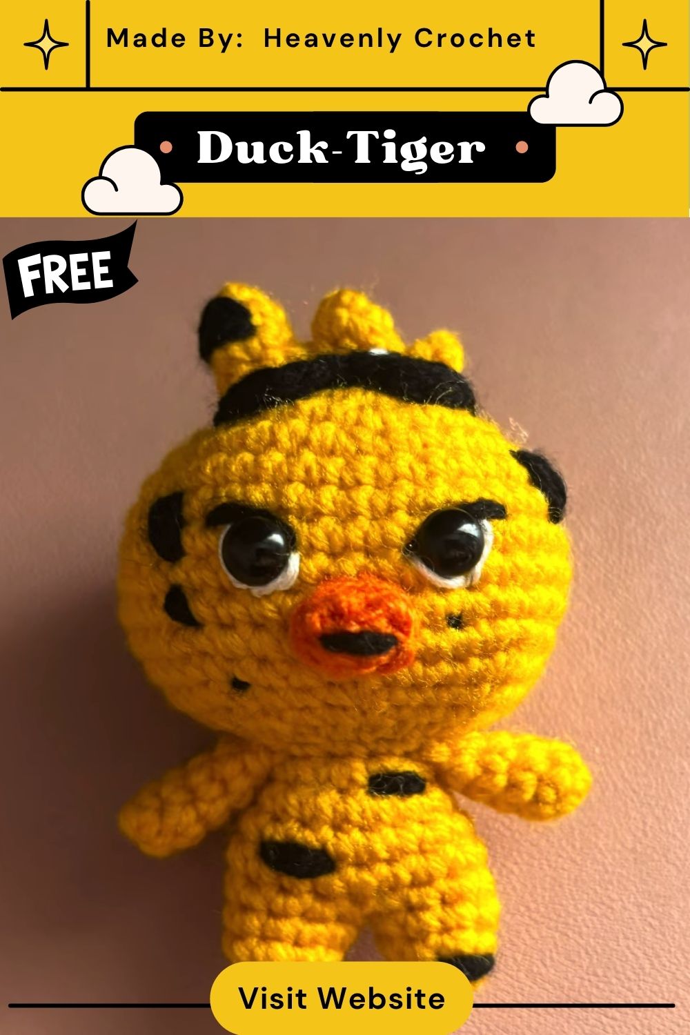 Yellow Crochet Duck-Tiger Amigurumi Pattern with black eyes