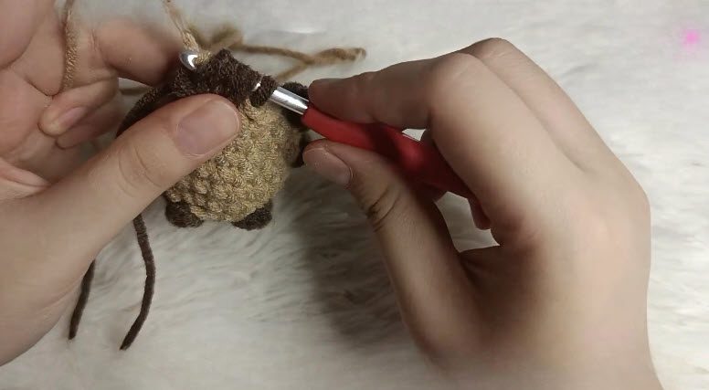 Change to khaki yarn and finish the capybara bobble stitch.
