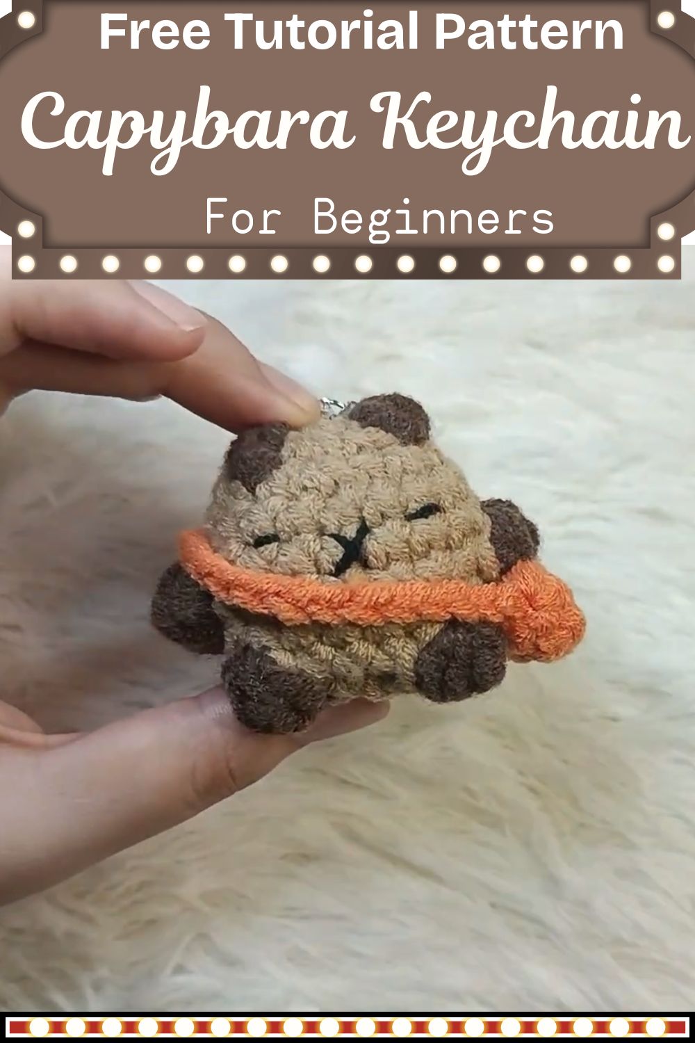 Finished crochet capybara keychain pattern with orange bag in milk cotton