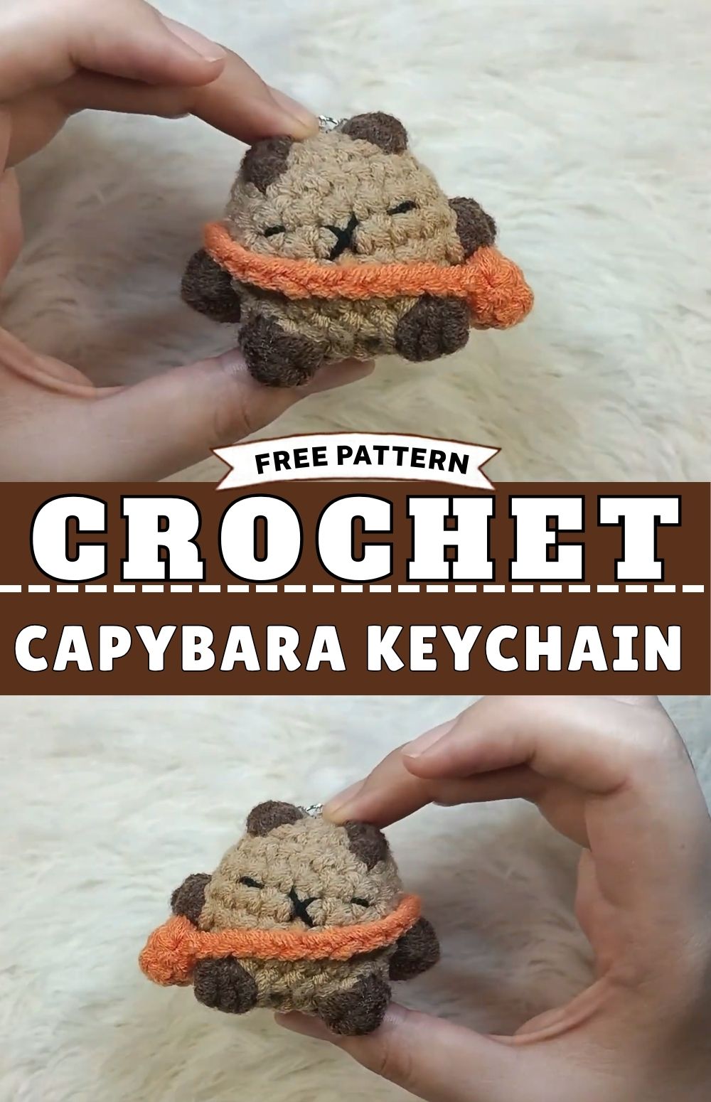 Crochet capybara keychain pattern with orange bag, a mini khaki amigurumi charm