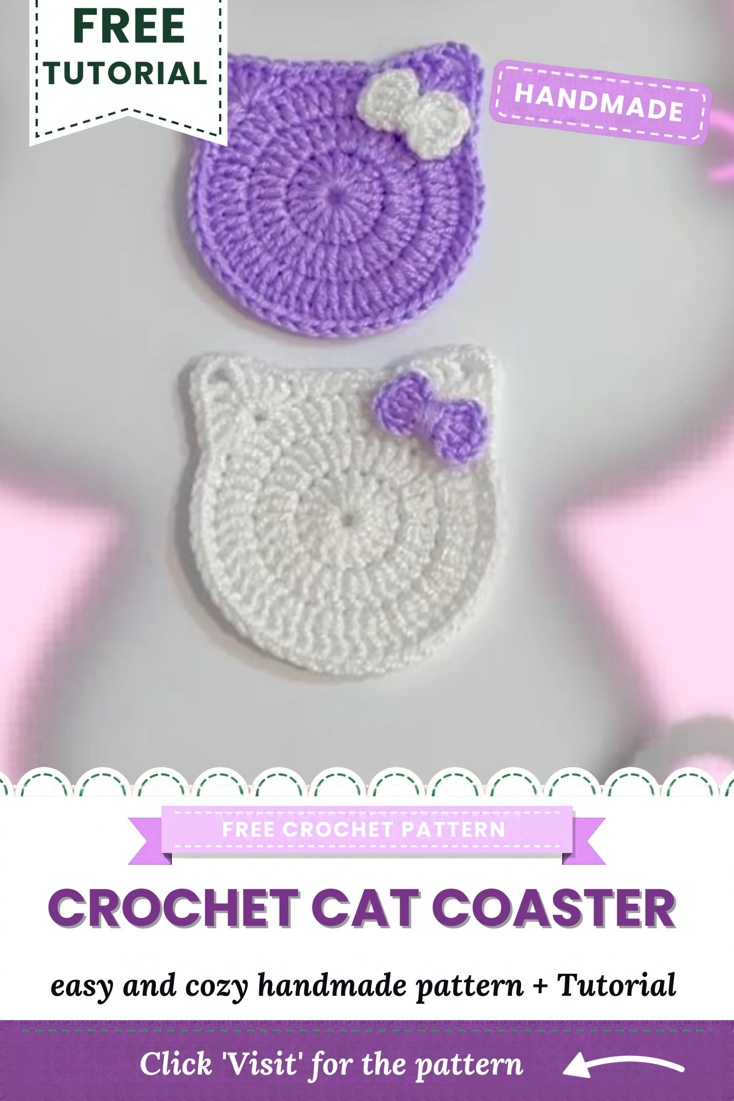 Crochet Cat Coaster Pattern with a Little Bow