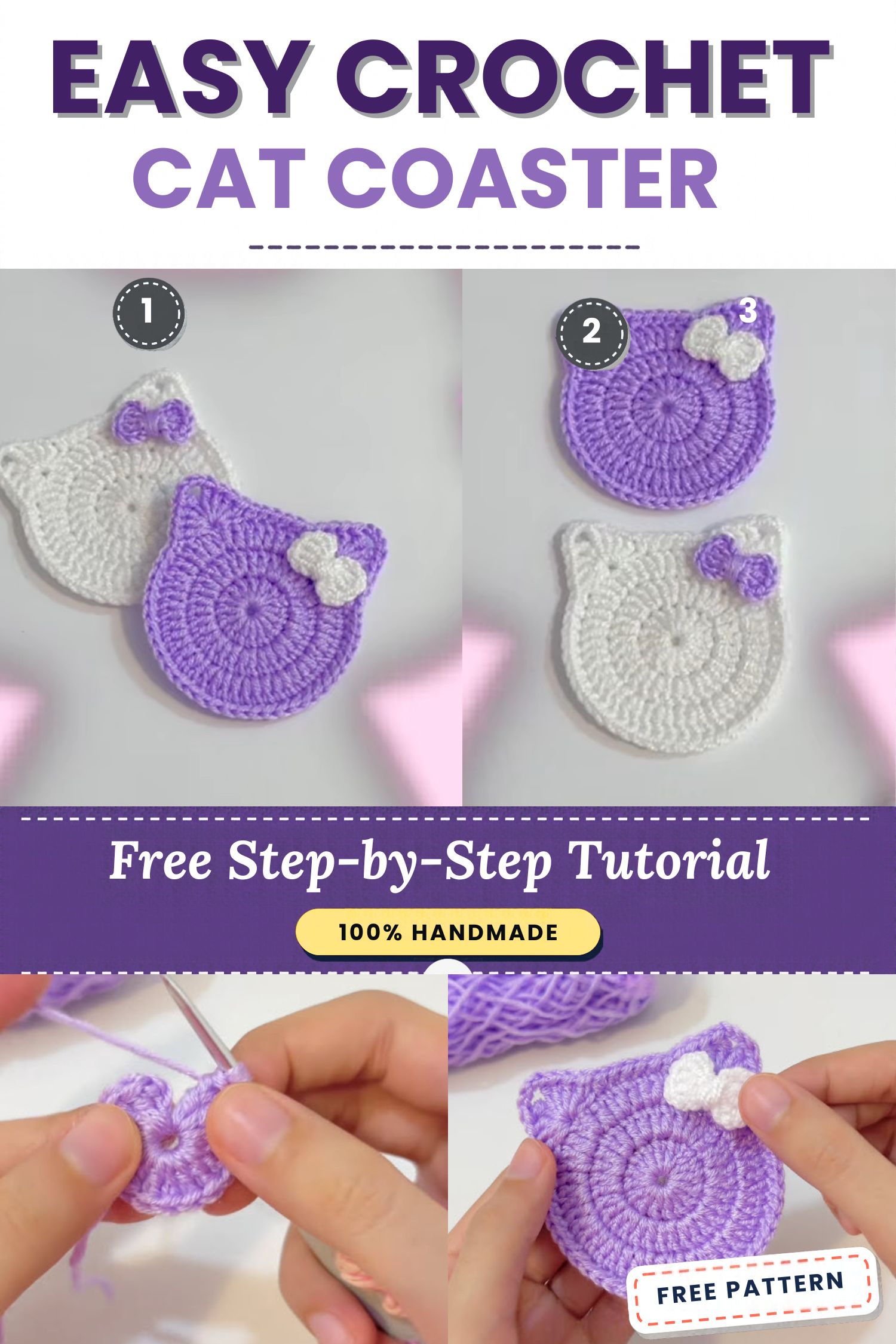 Crochet Cat Coaster Pattern with a Little Bow