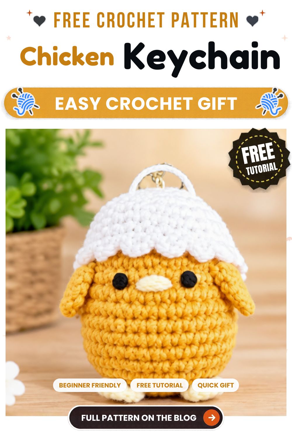 Crochet chick in a hat keychain pattern: finished chick with its cap