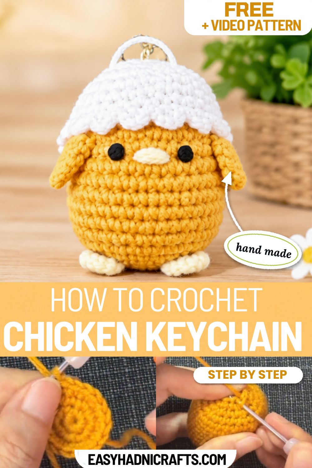 Crochet chick in a hat keychain with a yellow body and an eggshell cap