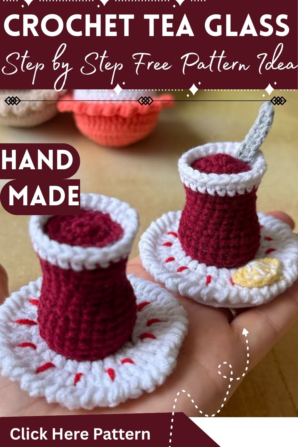 Crochet Tea Glass Pattern Saucer Set With Spoon