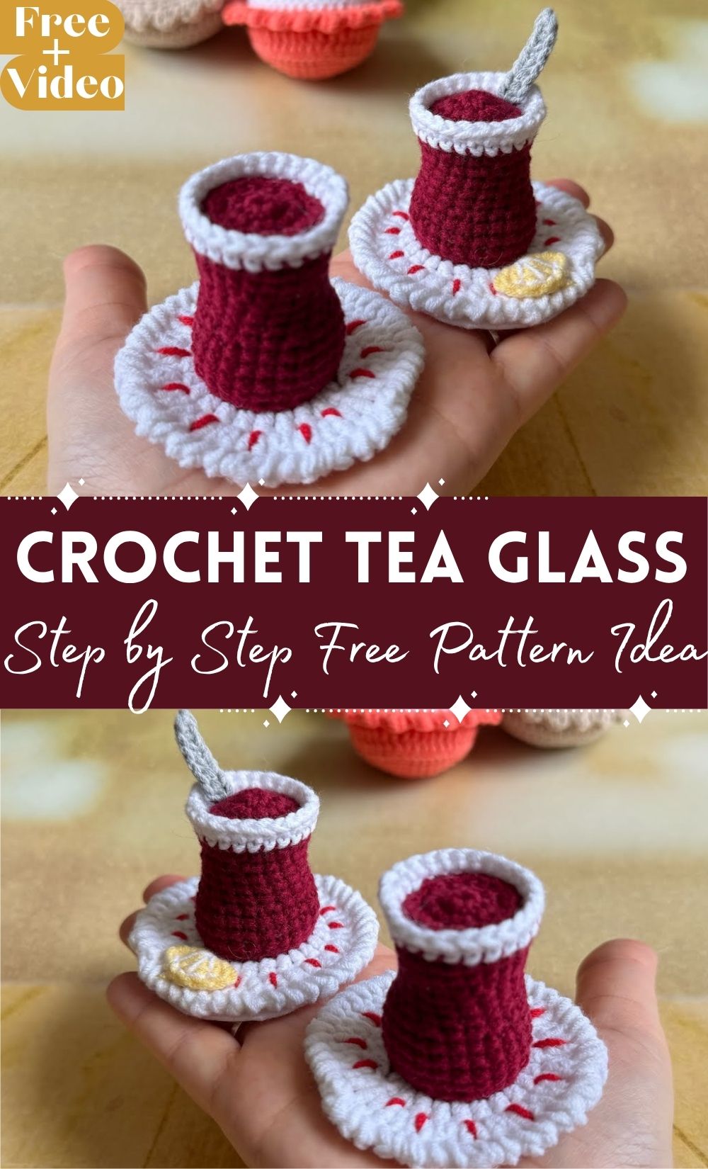 Crochet Tea Glass Pattern Saucer Set With Spoon