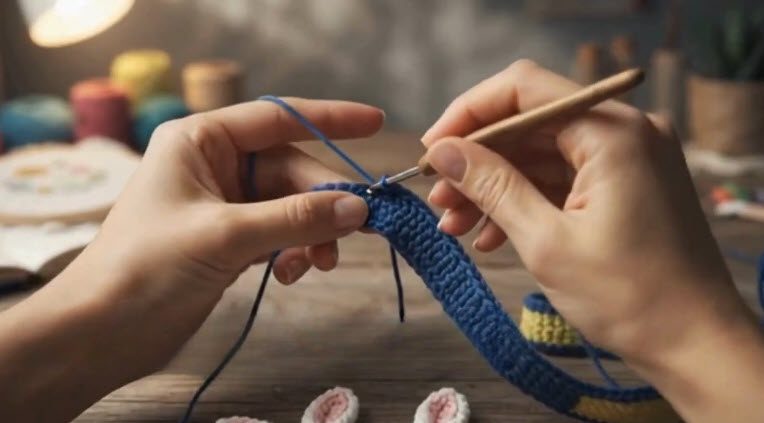 Long blue bunny ears worked in crochet for the first step